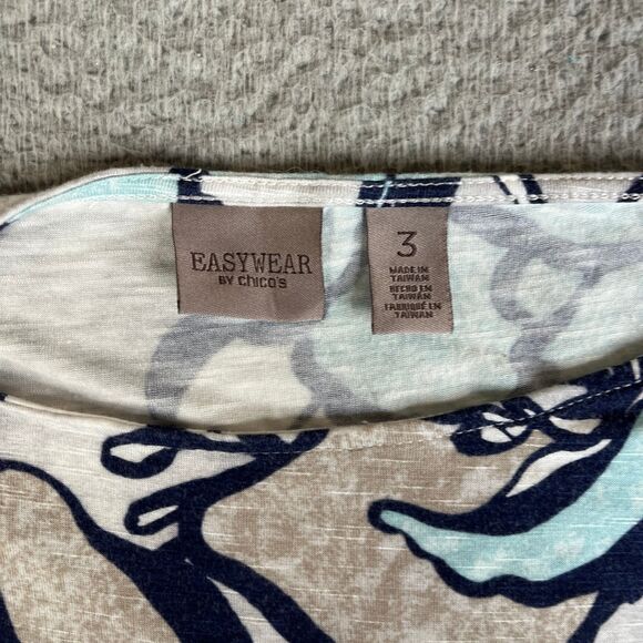 Chicos EasyWear Blouse Womens XL 3 Blue Gray Floral 3/4 Sleeve Knit Top Stretch - Picture 3 of 9